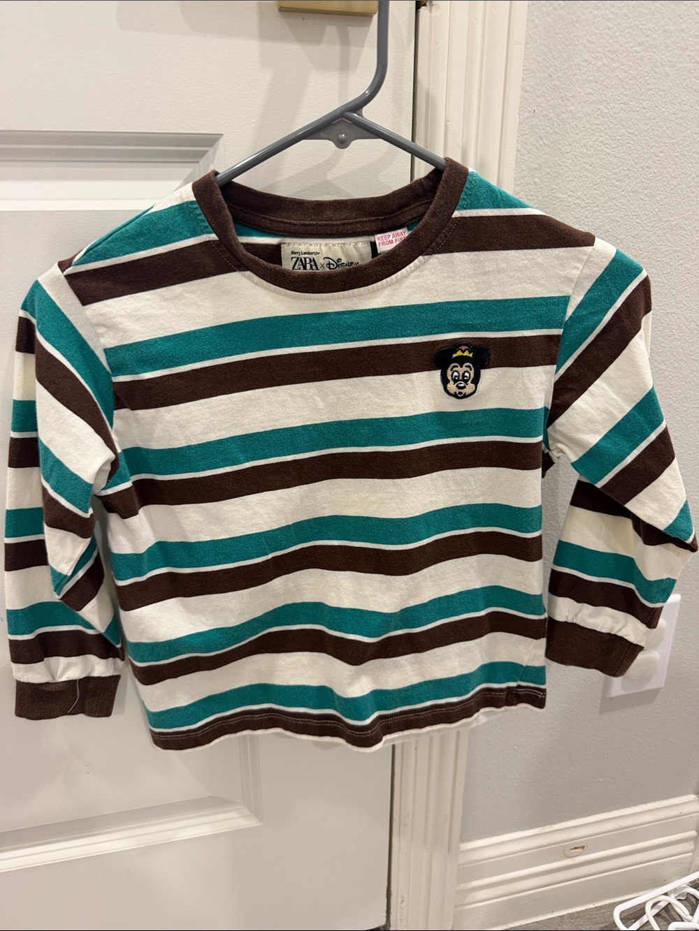 Zara Striped Long-Sleeve Top in Teal, Brown & White